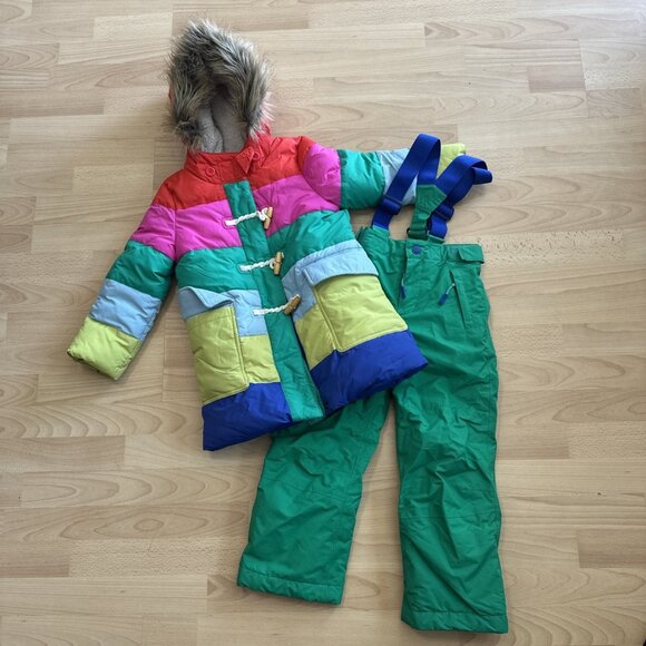 Boden Powder PufferSnow Fur Jacket Color Block & Bib Matching Set Size 5-6y